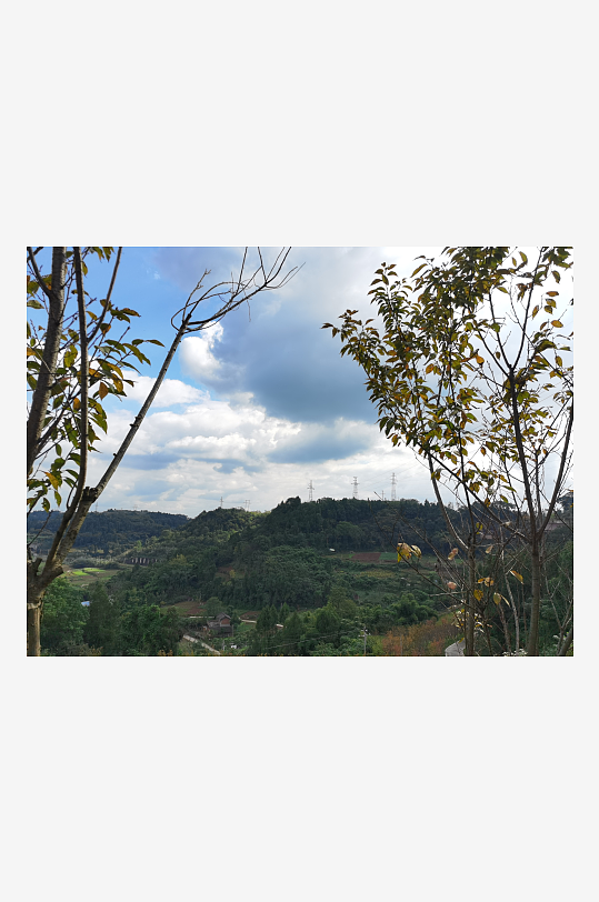 秋日里的蓝天白云与树枝-众图网