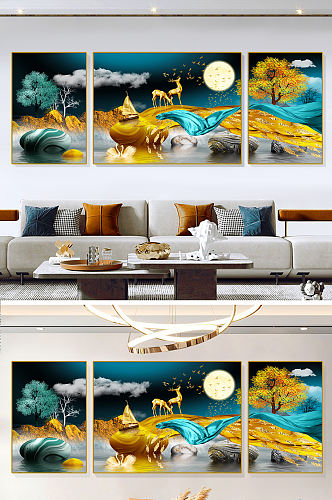 新中式麋鹿客厅装饰画沙发背景墙挂画三联画