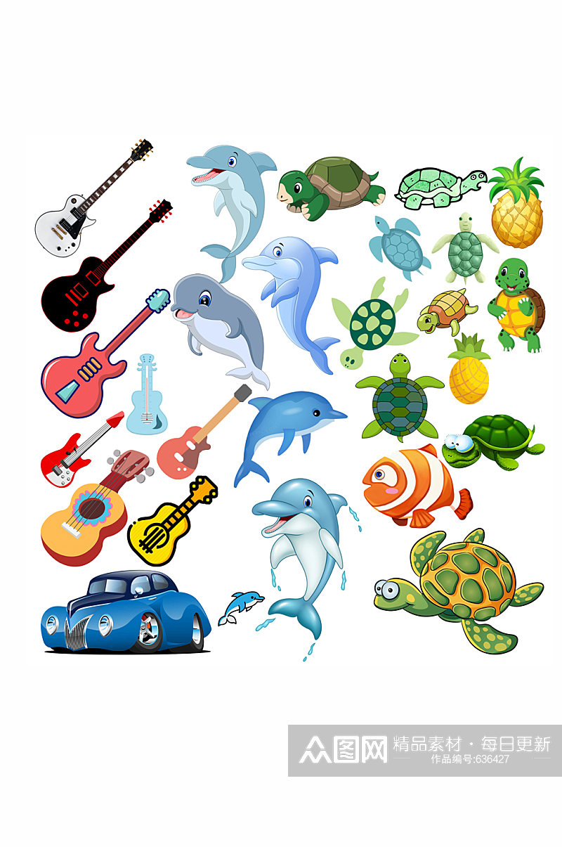 卡通海龟吉他热带鱼海豚素材