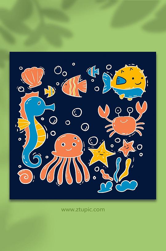 涂鸦海洋海底动物生物元素插画
