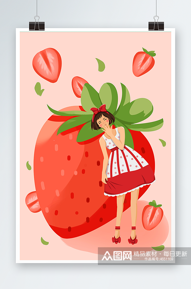 粉红草莓女孩的甜蜜夏天 夏季水果人物插画素材