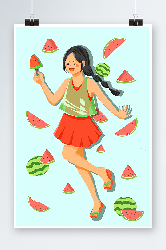 西瓜女孩的清凉一夏 夏季水果人物插画