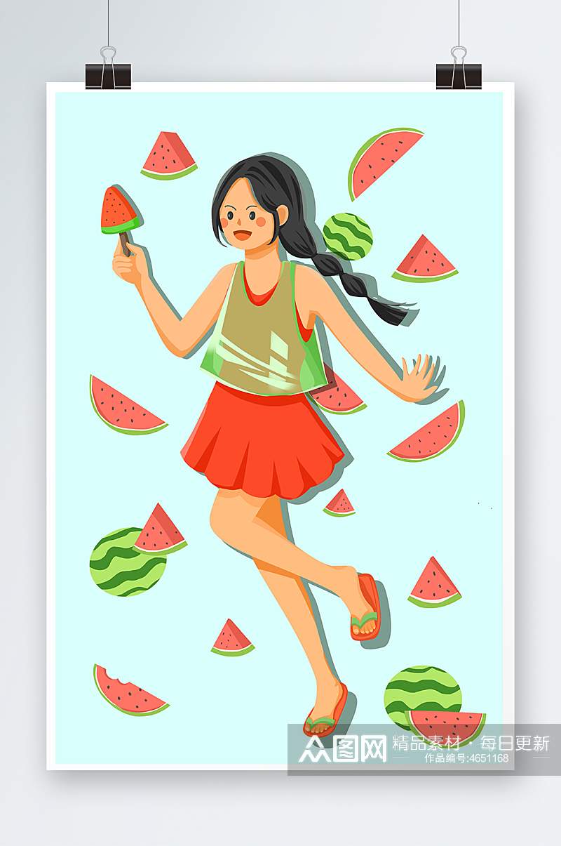 西瓜女孩的清凉一夏 夏季水果人物插画素材