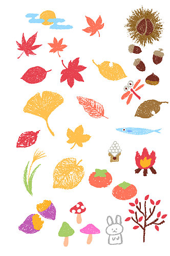 蜡笔涂鸦秋季落叶植物插画矢量图