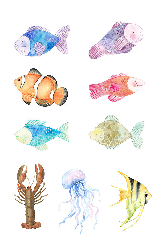 水彩手绘海洋生物鱼类素材