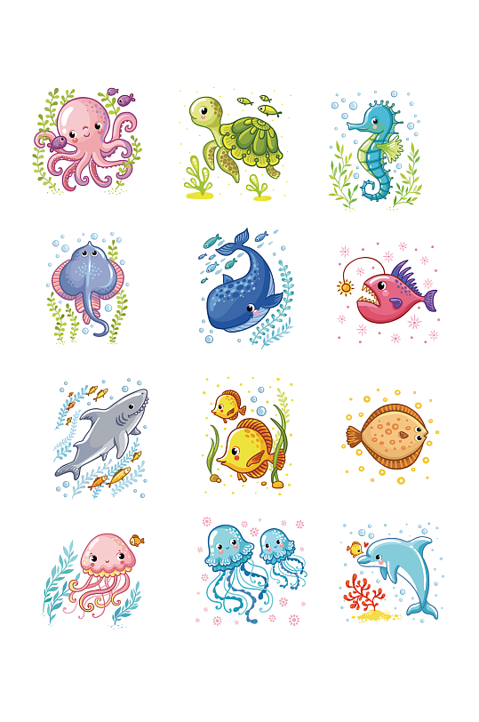 卡通可爱海洋生物立即下载乌龟手绘水彩画风格儿童海洋动物插图立即