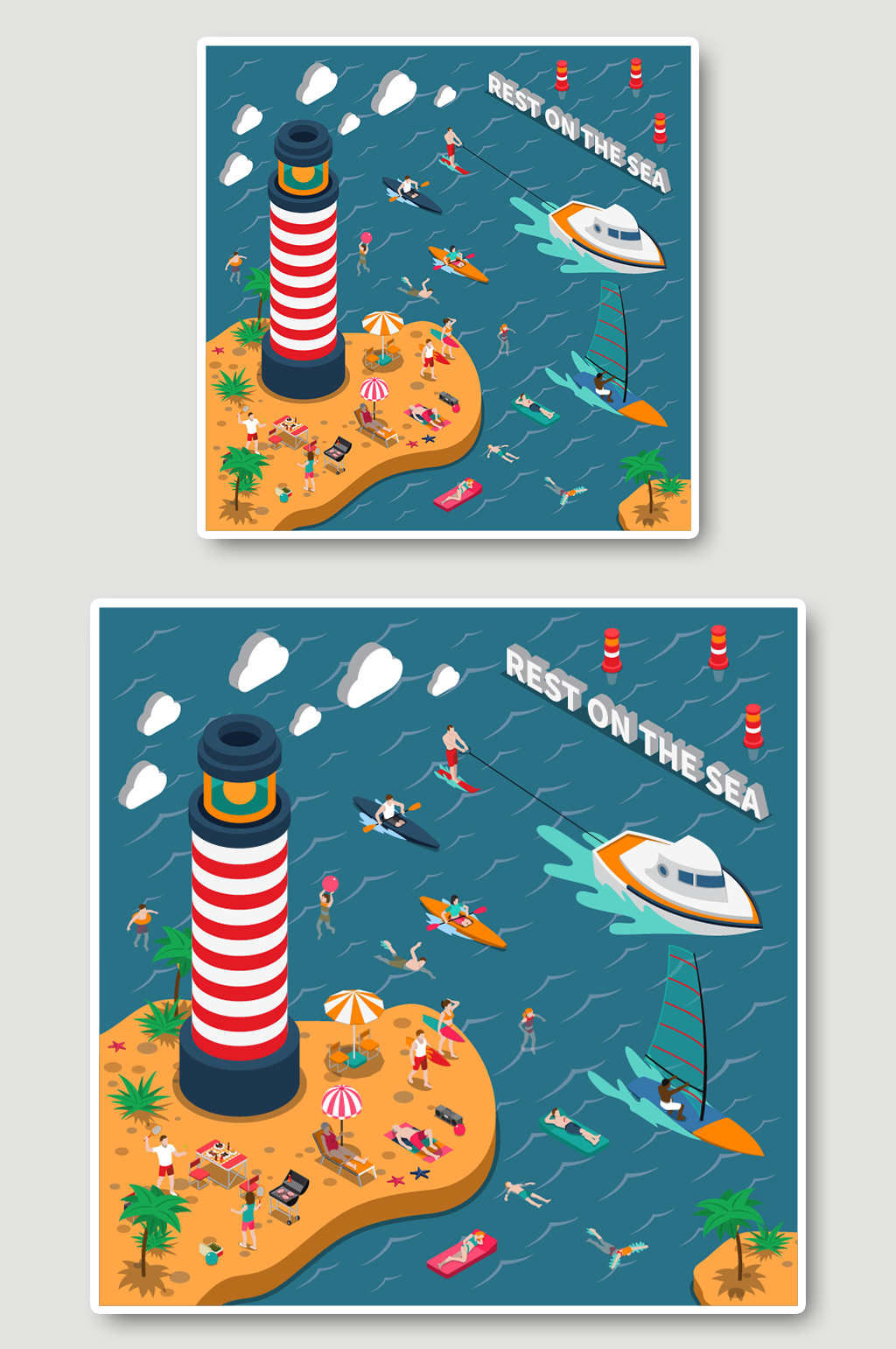 卡通海滩休息场景插画素材