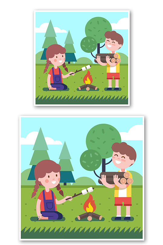 卡通儿童人物户外野餐插画