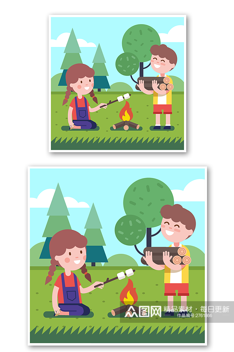 卡通儿童人物户外野餐插画素材