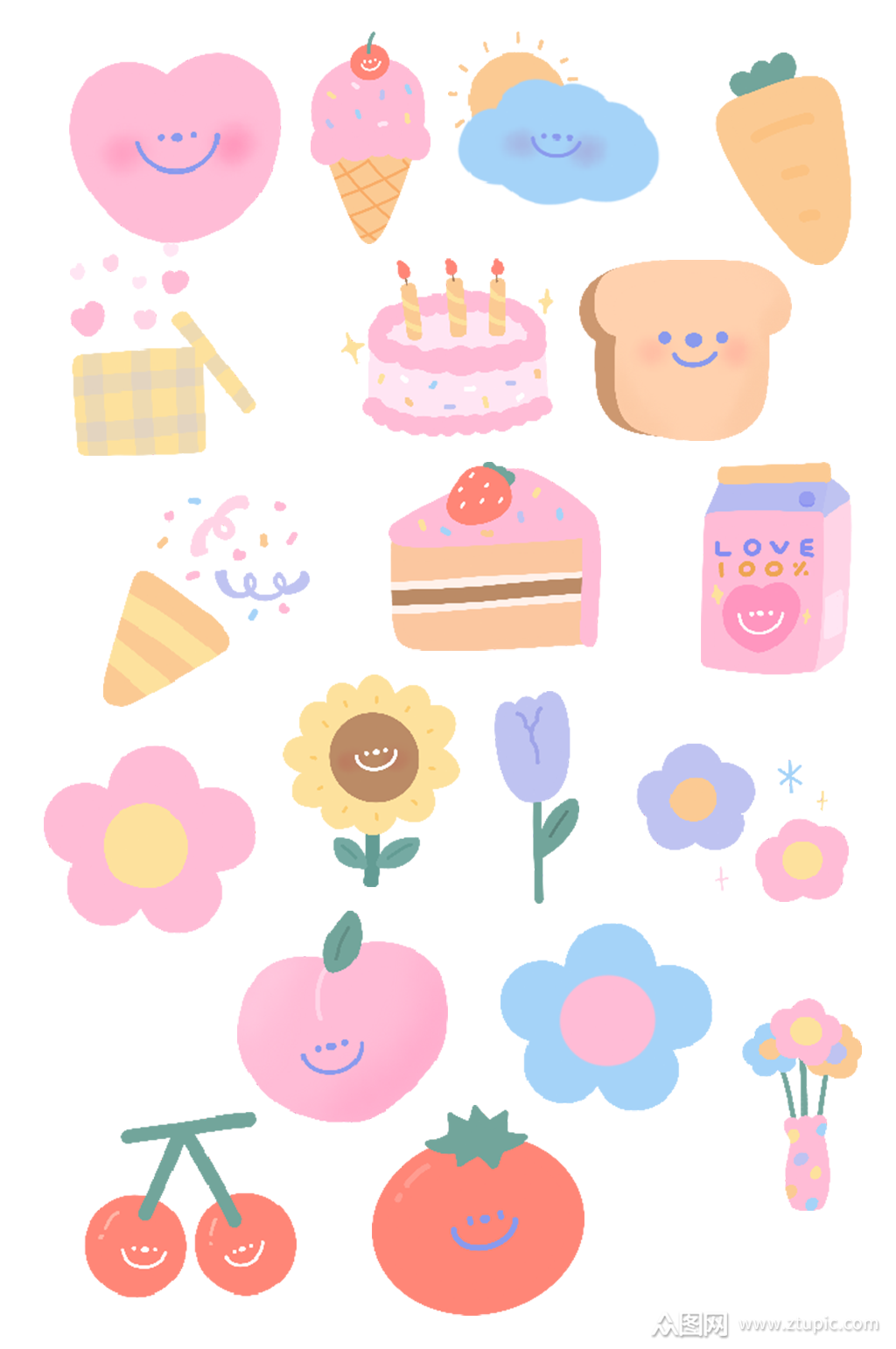 手绘卡通花朵食物手账贴纸素材