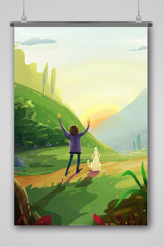 暖绿色夏季清晨场景插画