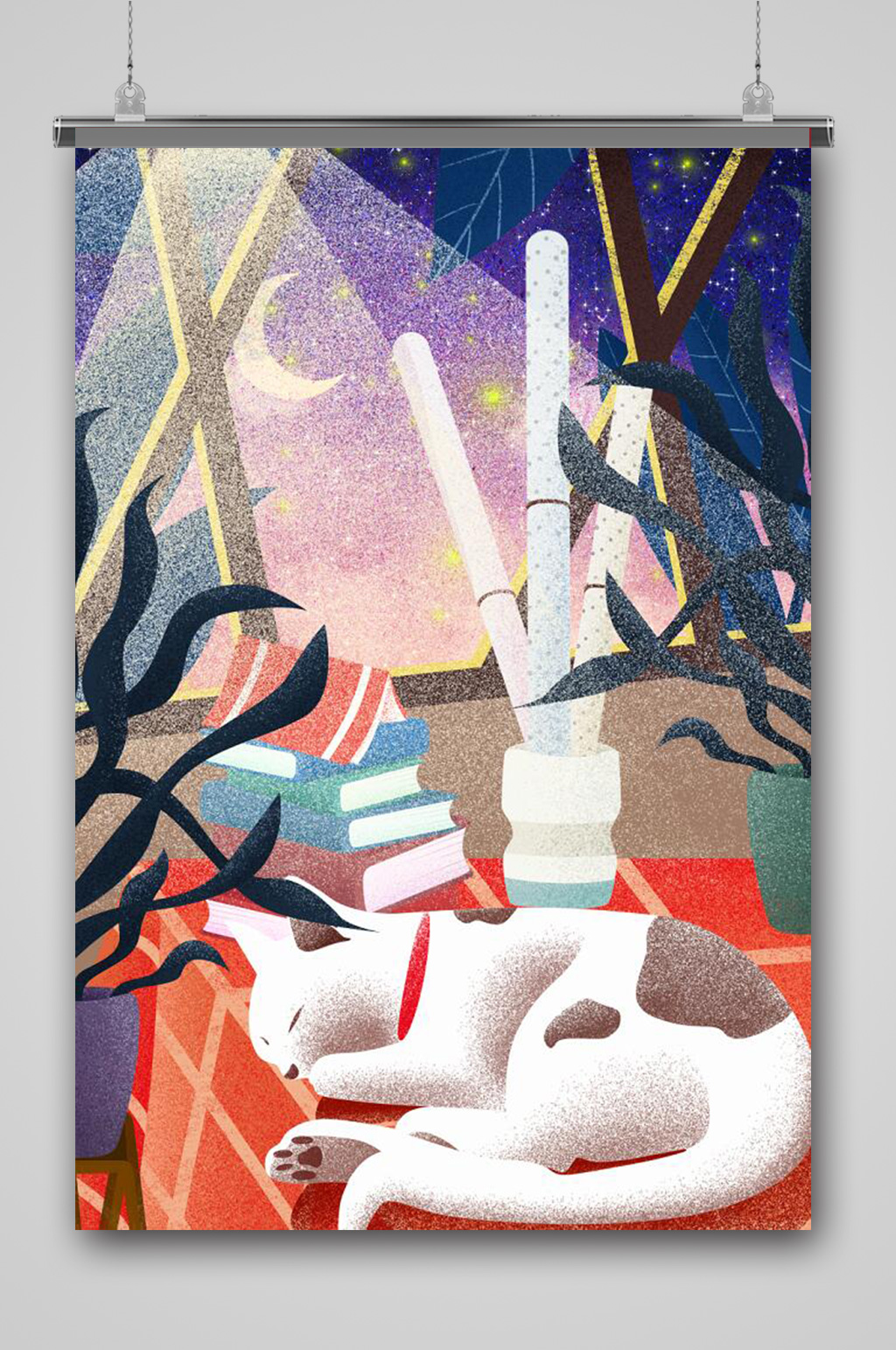 治愈系晚安夜晚海报插画素材