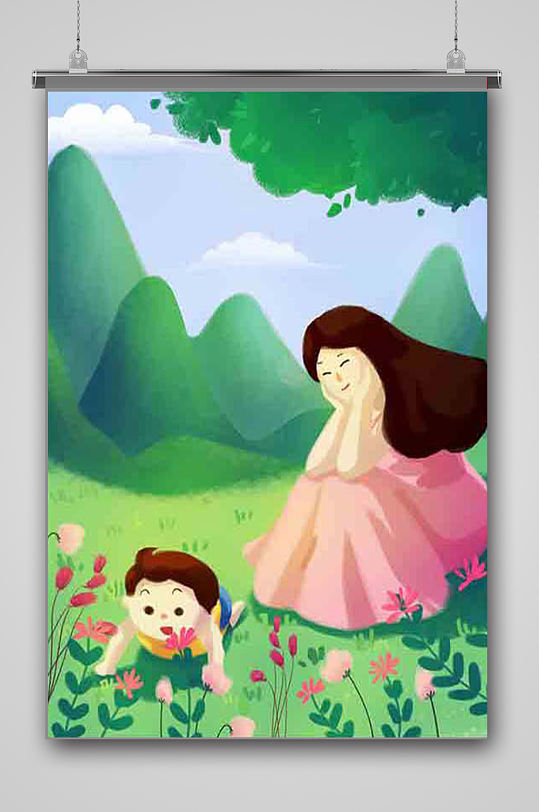 亲子母亲温馨郊游插画