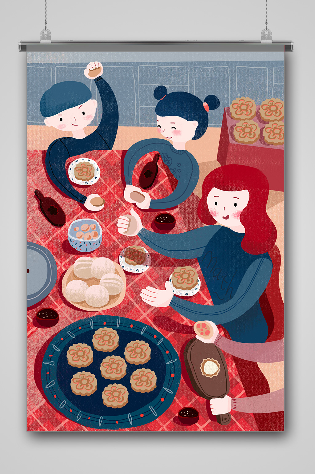 可爱中秋节全家做月饼插画