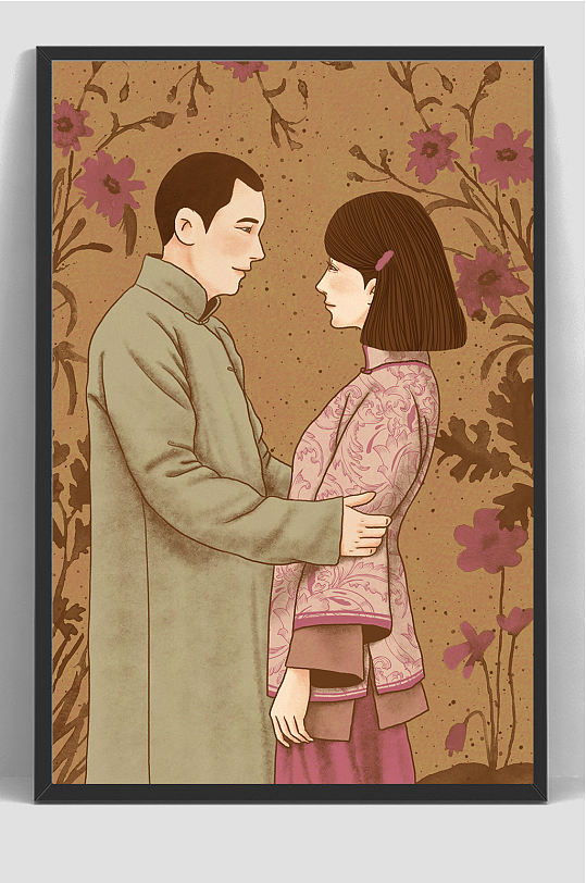 复古传统文化民国爱情插画