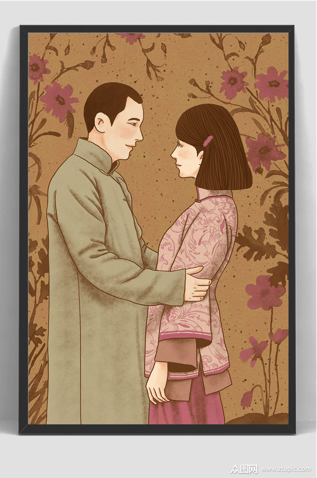 复古传统文化民国爱情插画
