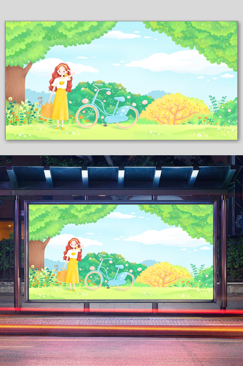 绿色单车插画海报设计素材