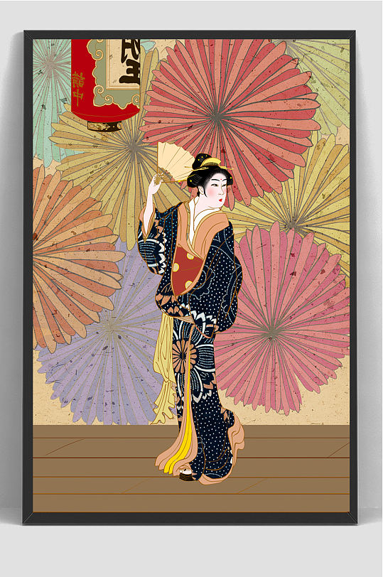 日式浮世绘艺妓复古风插画
