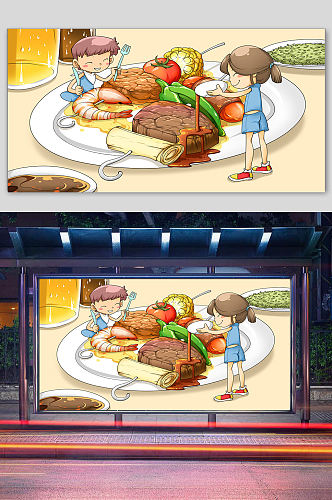 美食西餐食物背景插画