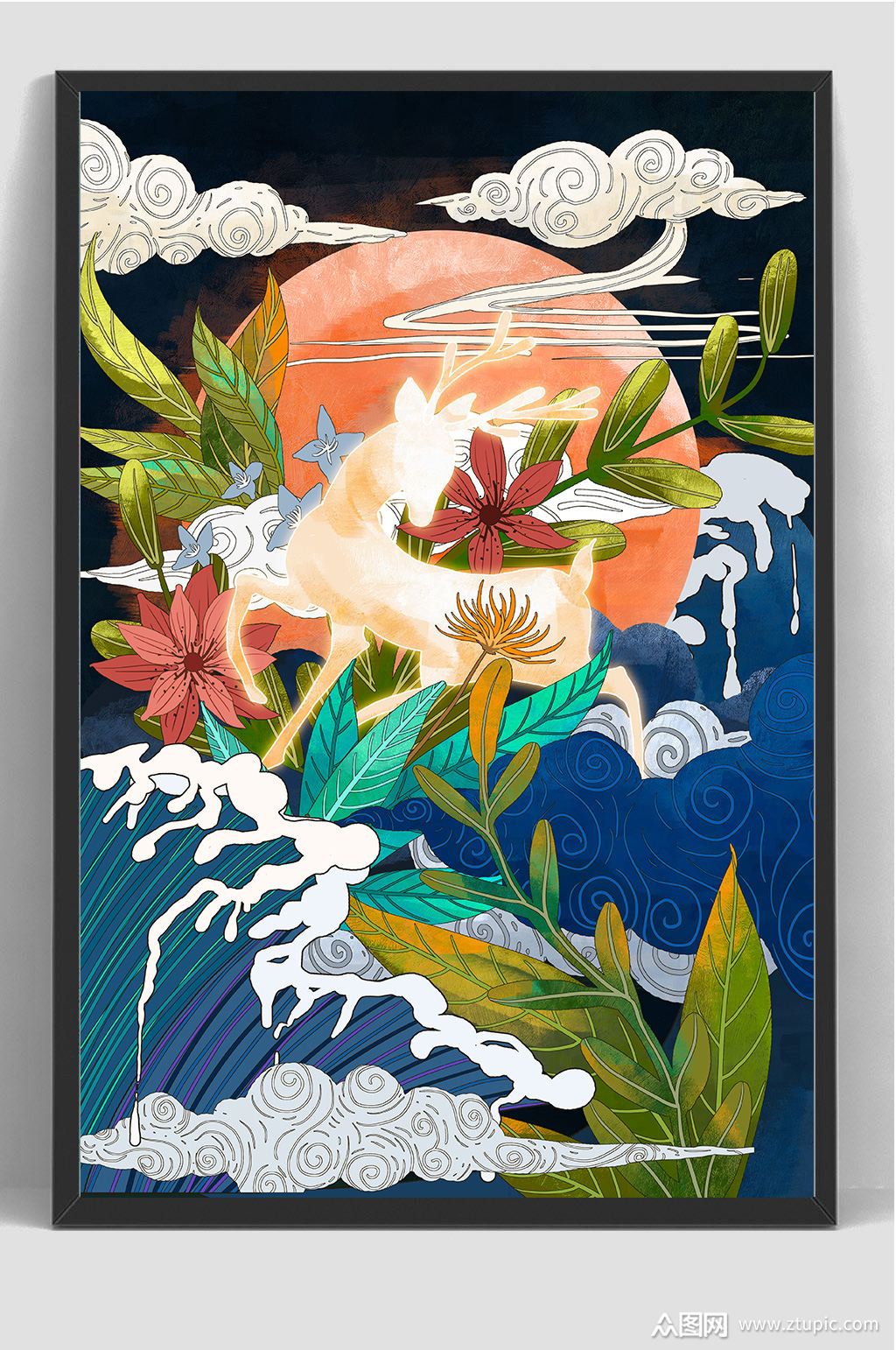 国潮古风鹿动物插画海报素材