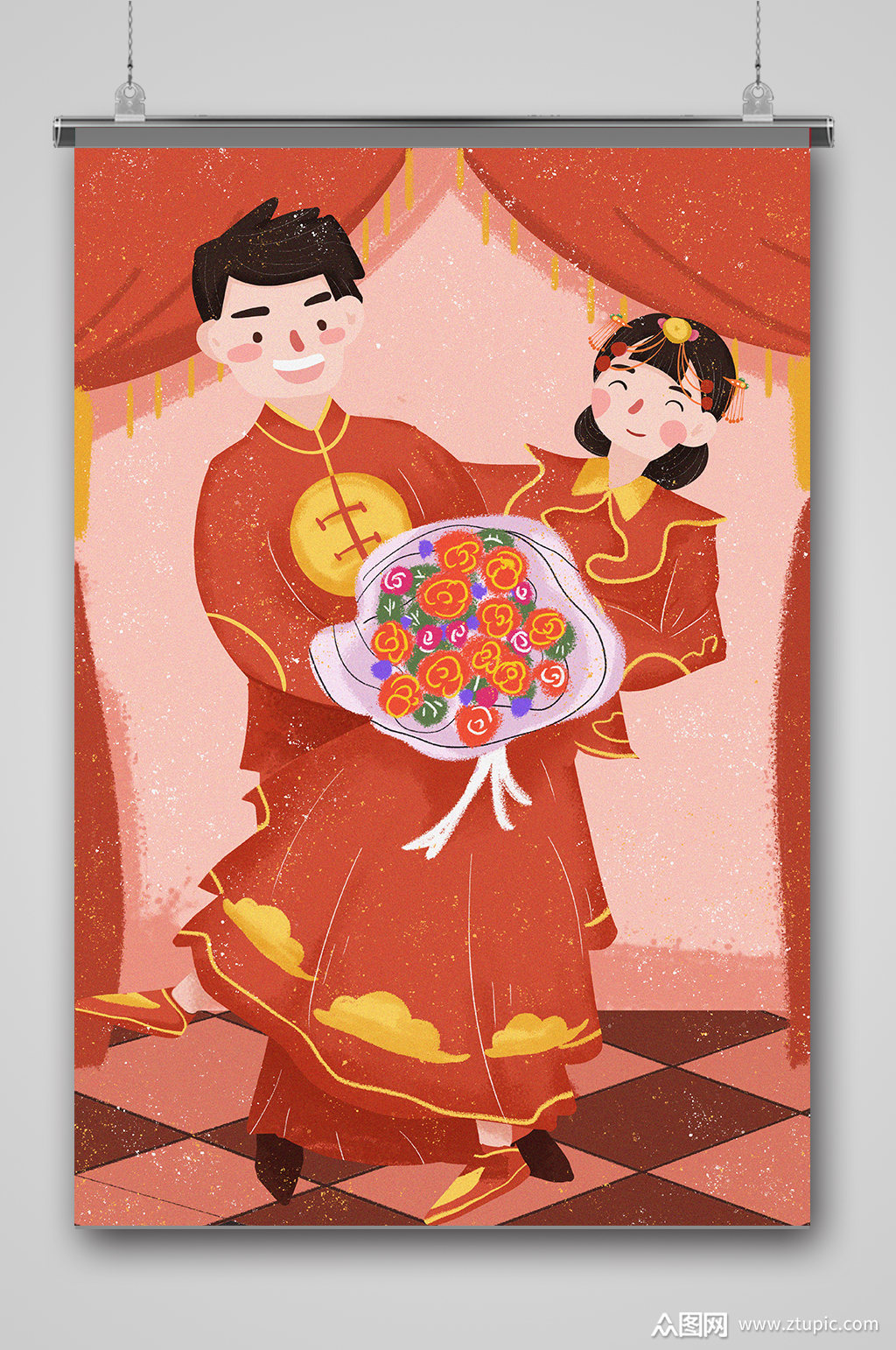 结婚婚礼夫妻礼服插画