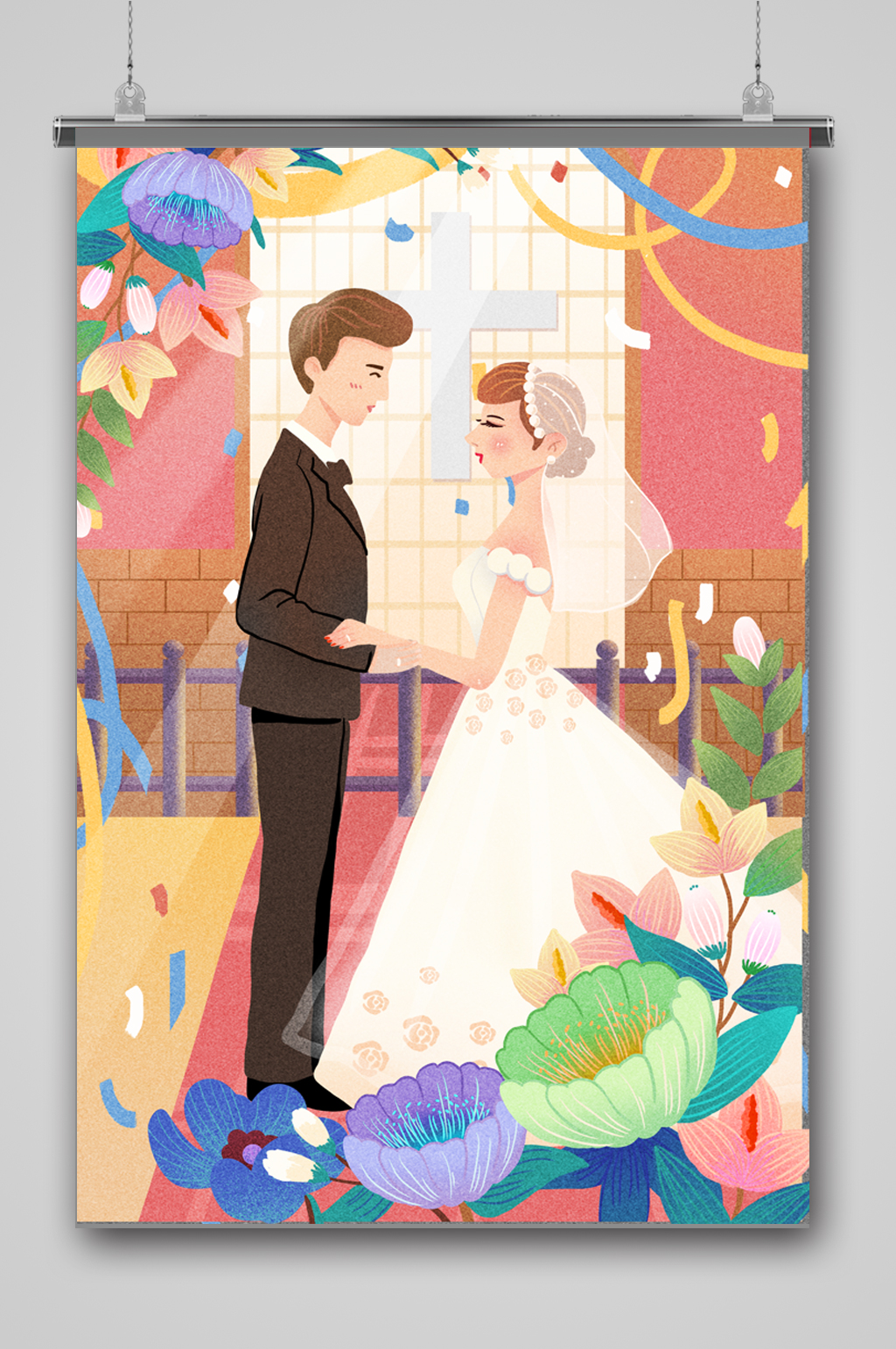 婚庆情人节婚礼教堂插画素材