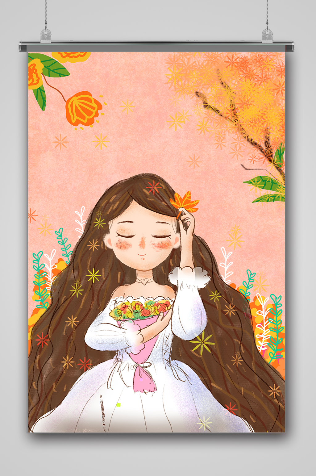 唯美清新小女孩秋景立秋插画素材