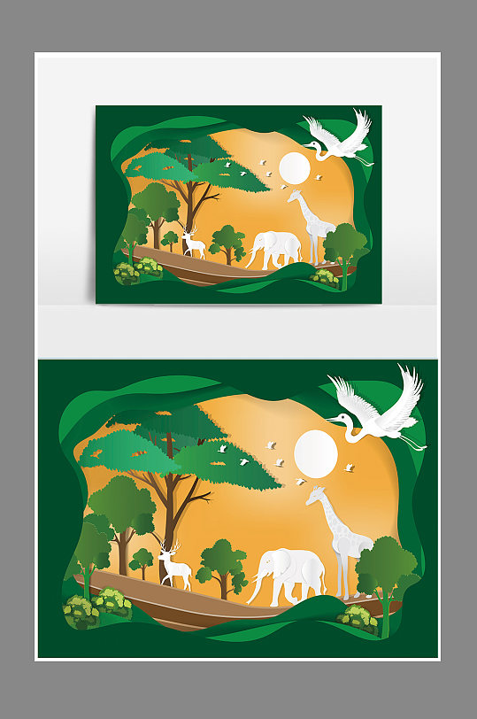 森林动物剪纸插画