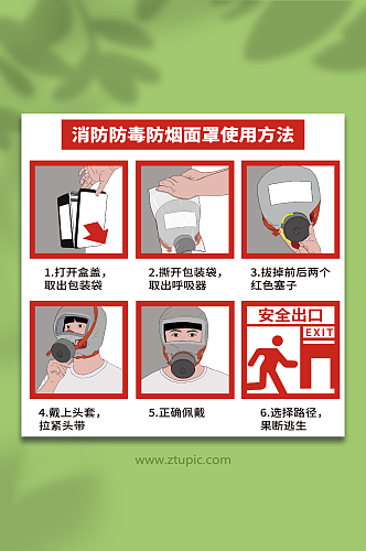 简约卡通消防防毒防烟面罩使用方法插画