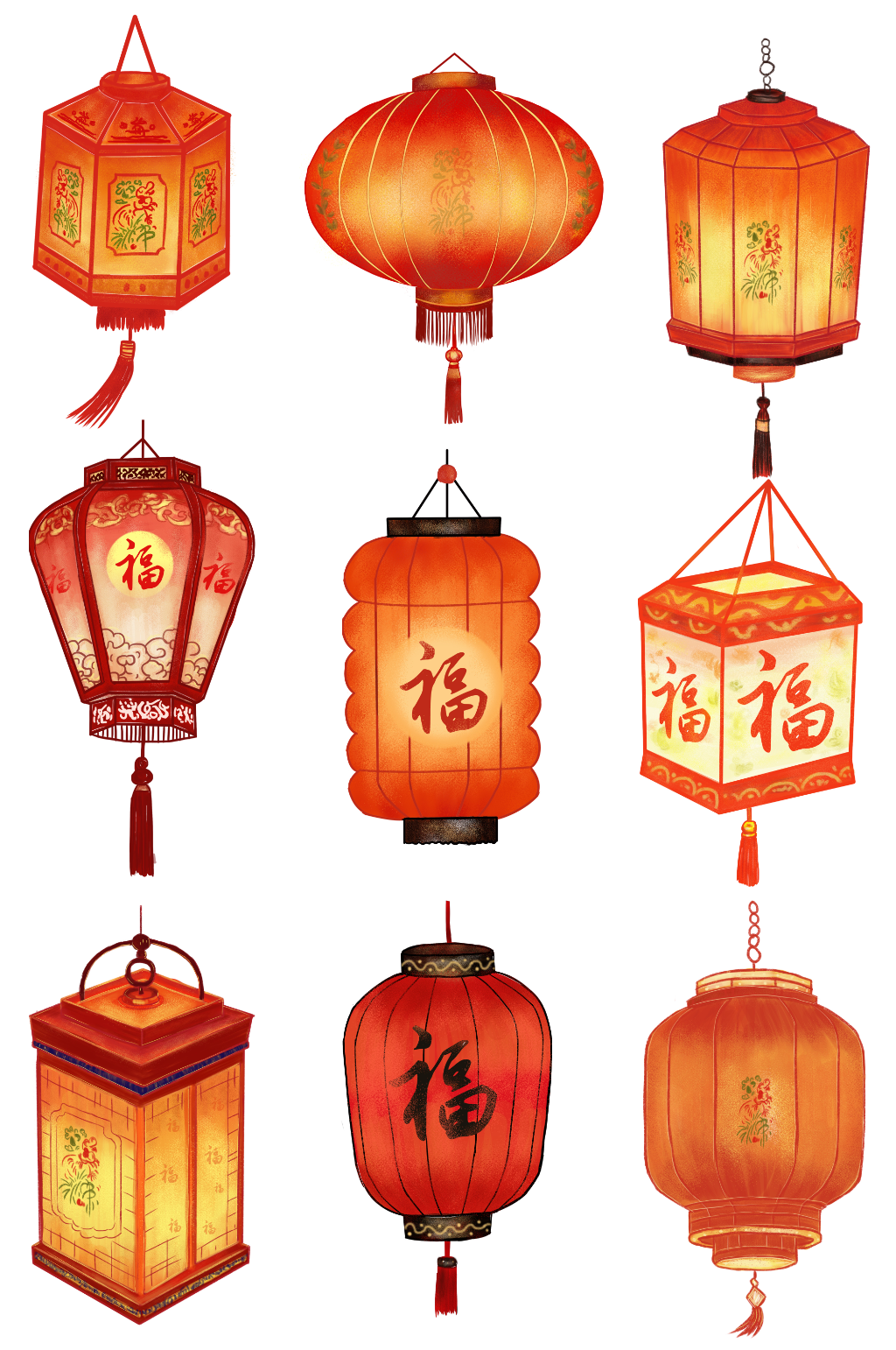 手绘新年春节灯笼造型插画元素素材