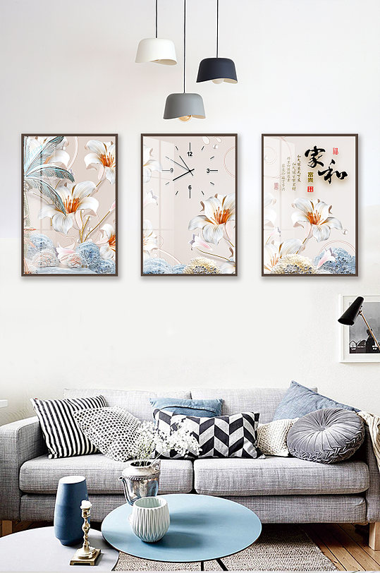 现代小清新花时钟装饰画-众图网