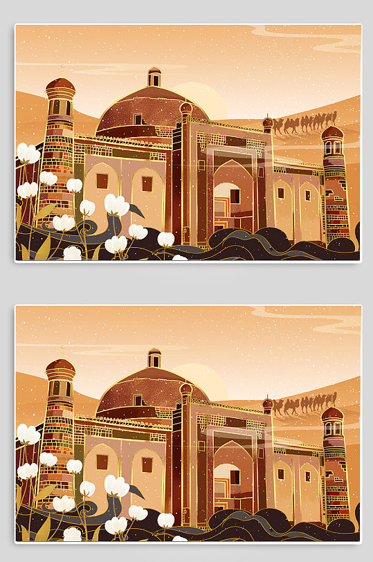 新疆喀什香妃陵地标建筑插画-众图网