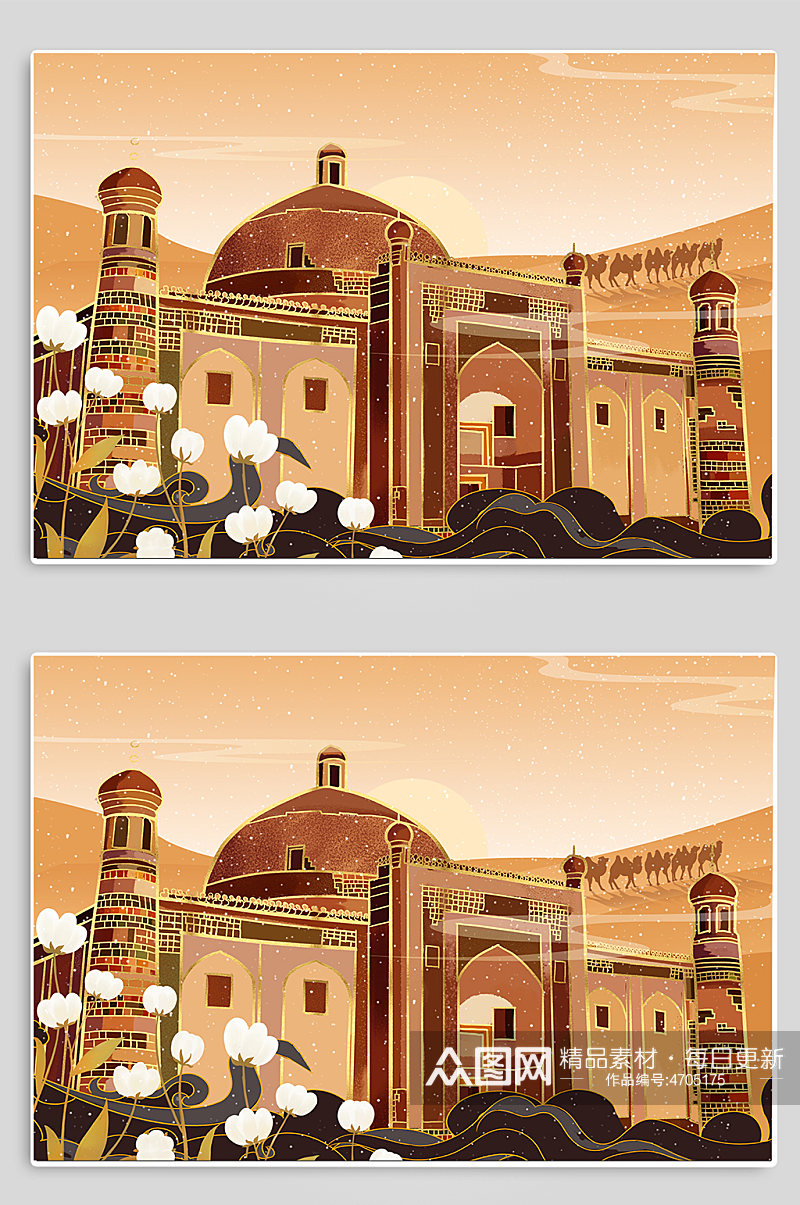 新疆喀什香妃陵地标建筑插画素材