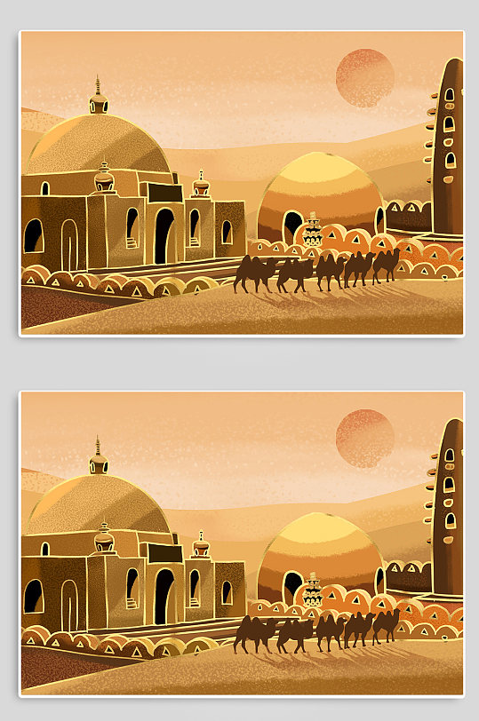 新疆古城地标城市建筑插画-众图网