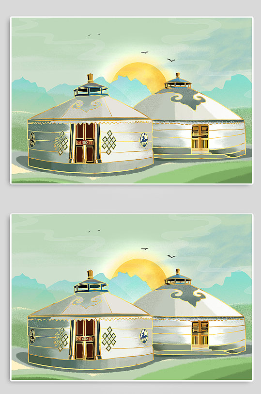 清新内蒙古蒙古包地标建筑插画-众图网