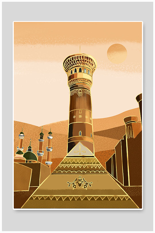 新疆大巴扎地标建筑插画