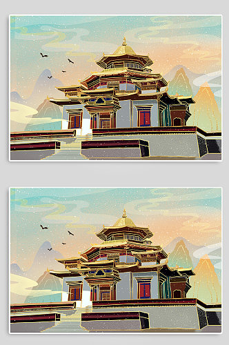 西藏嘎朗王宫地标建筑插画