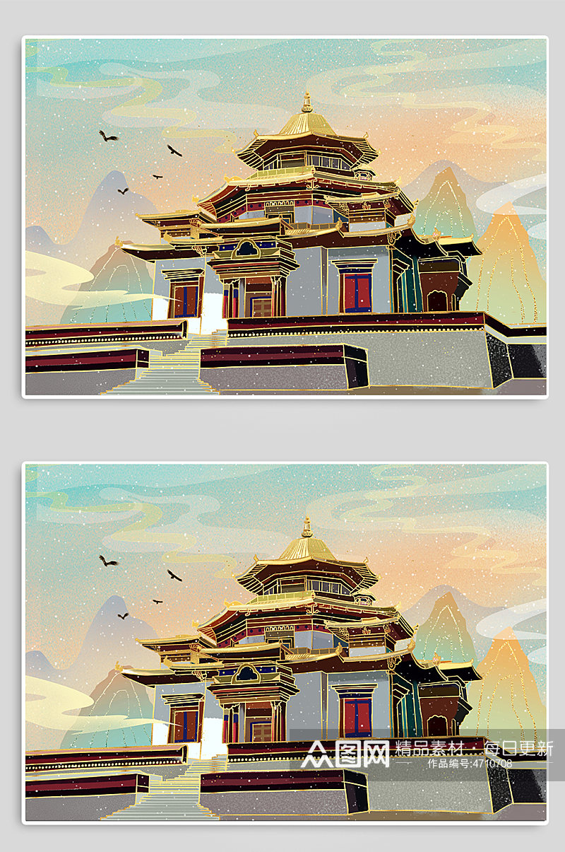 西藏嘎朗王宫地标建筑插画素材