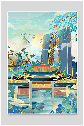 东方之门苏州报恩寺苏州城市地标建筑插画素材下载-众图网