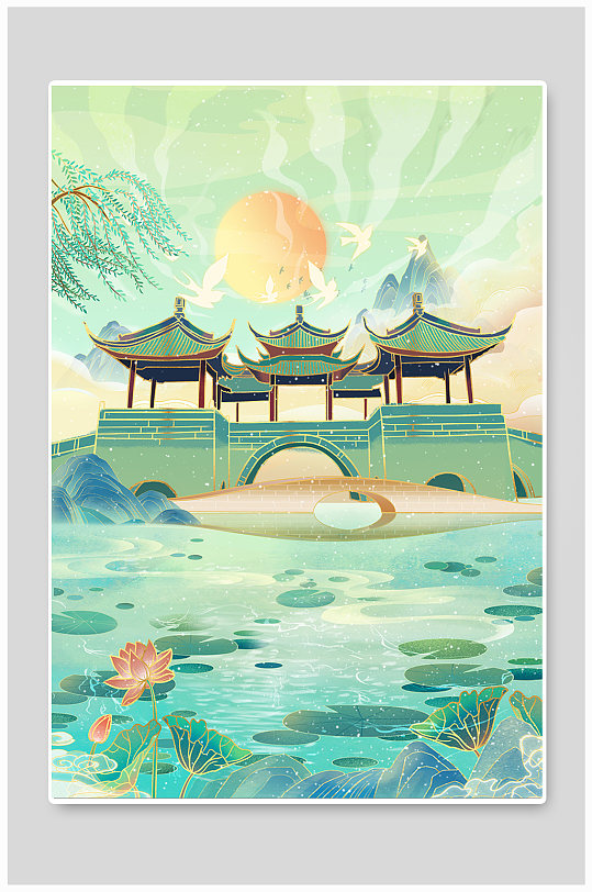 扬州五亭桥扬州城市地标建筑插画