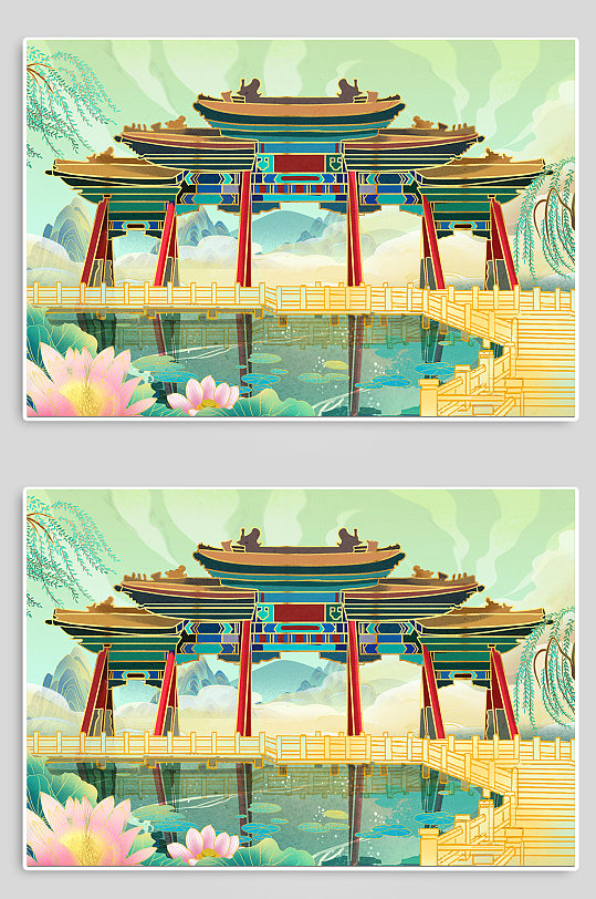 山东大明湖济南城市地标建筑插画-众图网