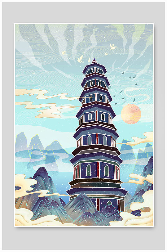 北海合浦文昌塔北海城市地标建筑插画