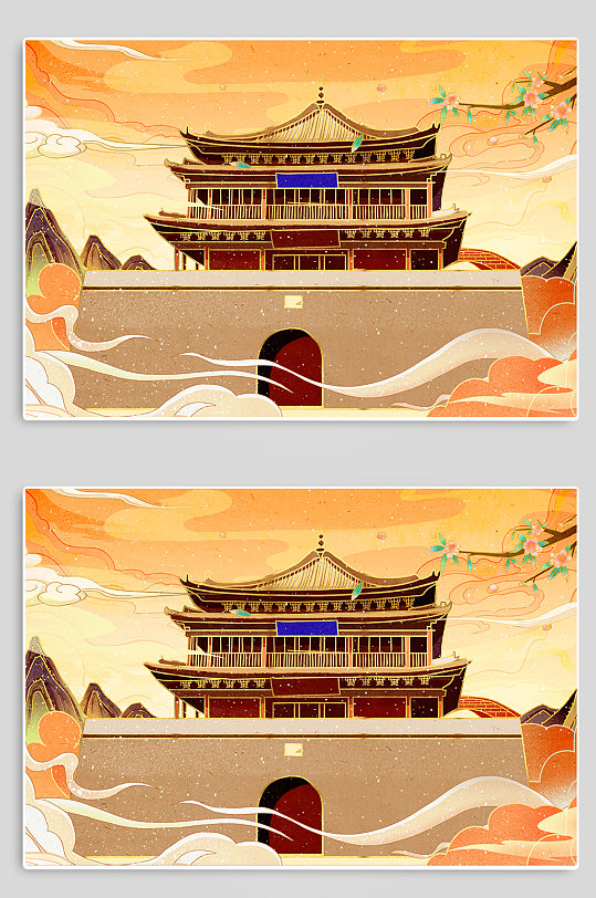 甘肃张掖鼓楼甘肃地标建筑插画