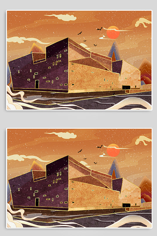 宁波博物馆城市地标建筑插画