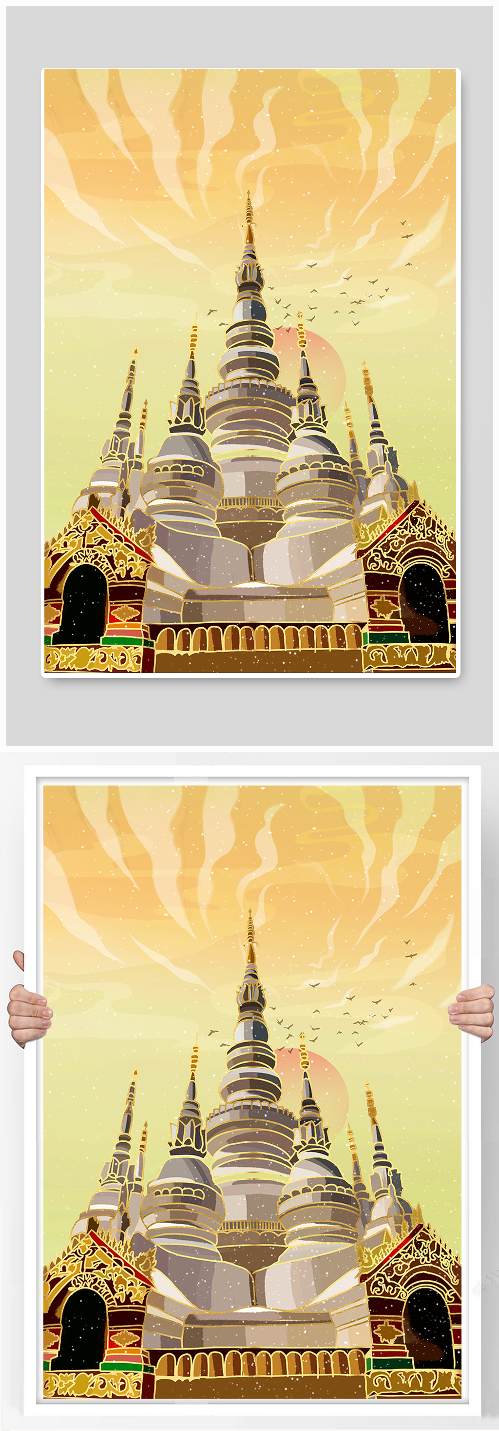 西双版纳地标勐龙白塔建筑插画素材