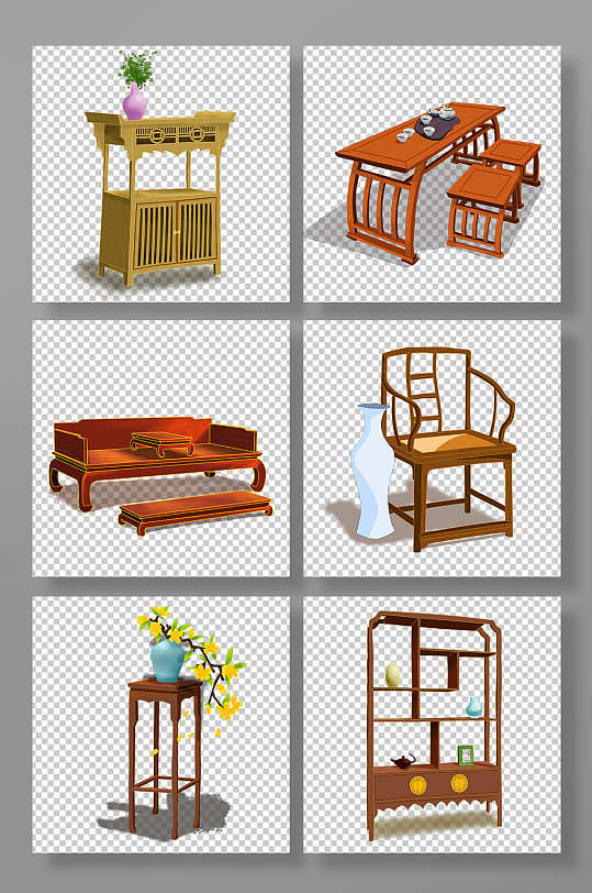 中式古典木质家具物品元素插画