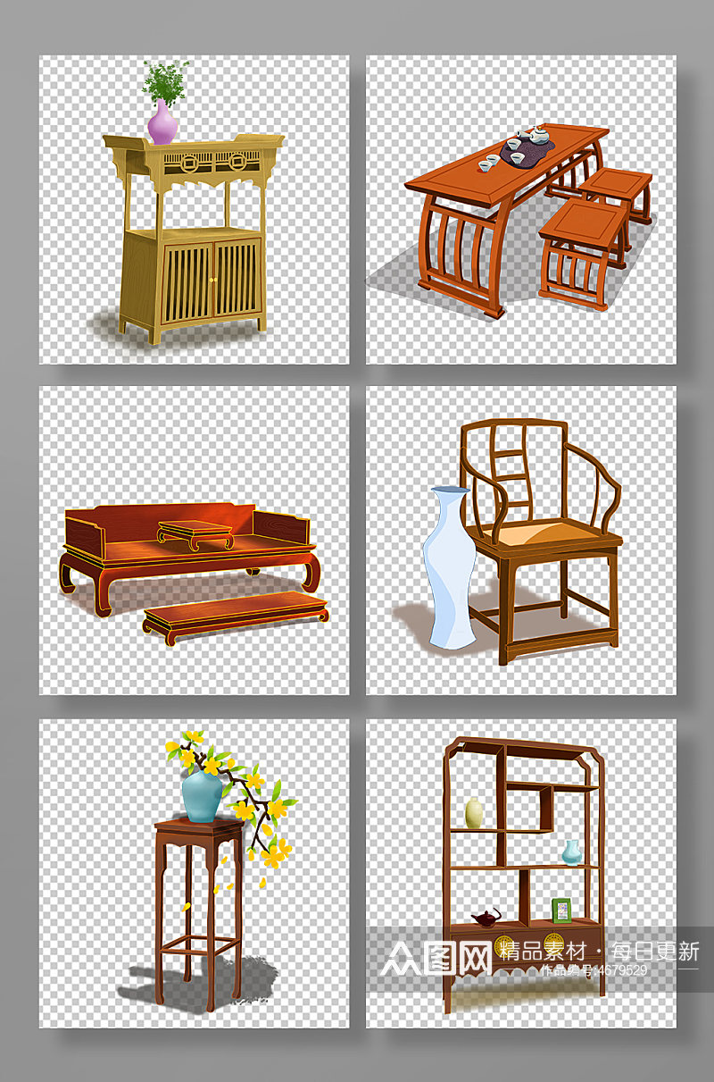 中式古典木质家具物品元素插画素材