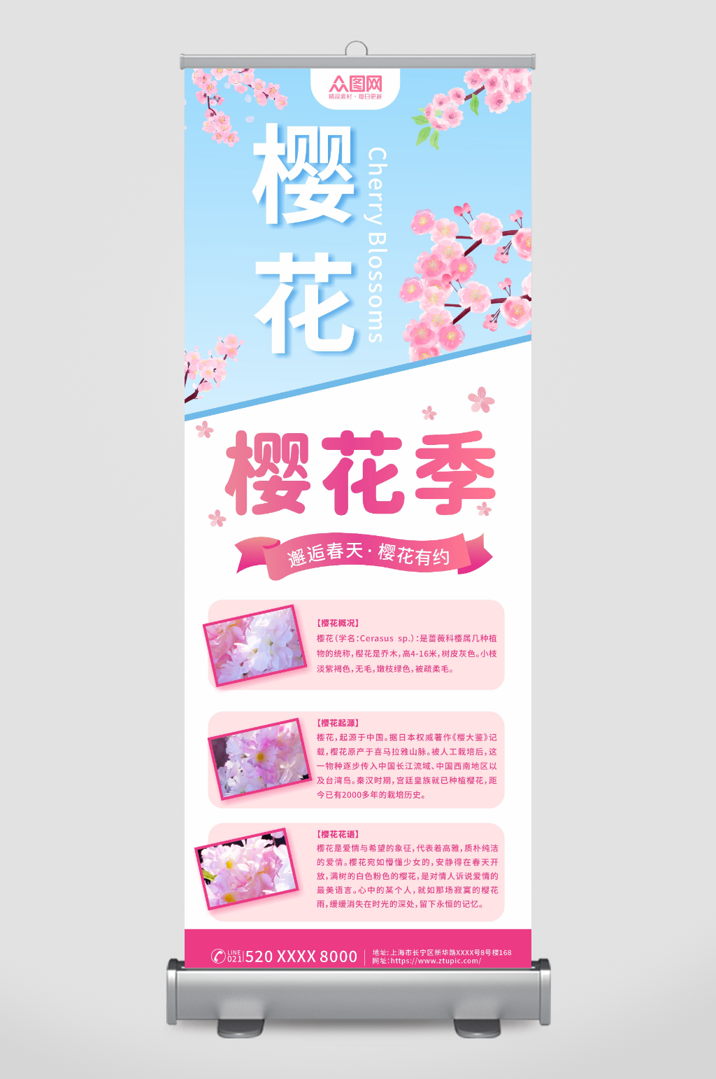 粉色唯美赏花季樱花季展架易拉宝素材