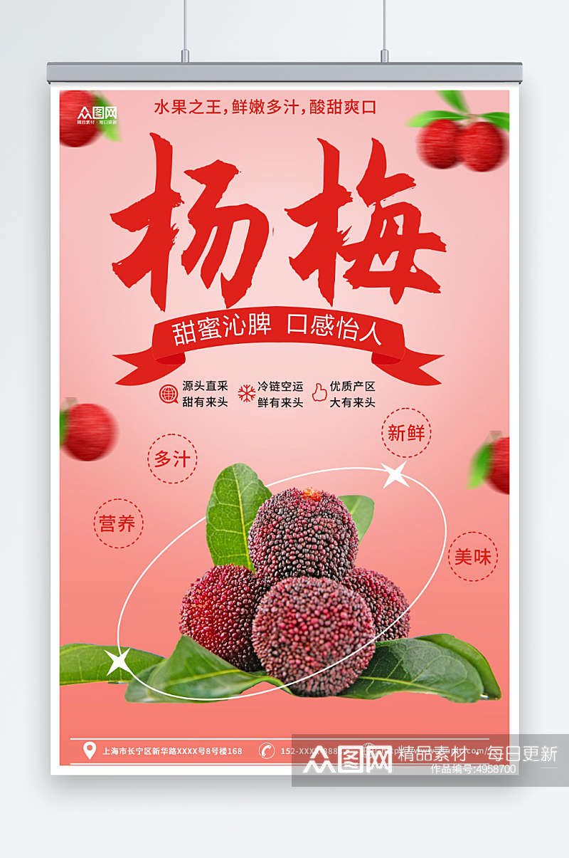 红色新鲜杨梅夏季水果果园促销海报素材