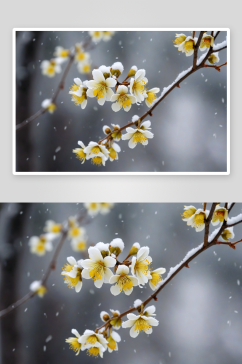 春雪中黄色腊梅花图片